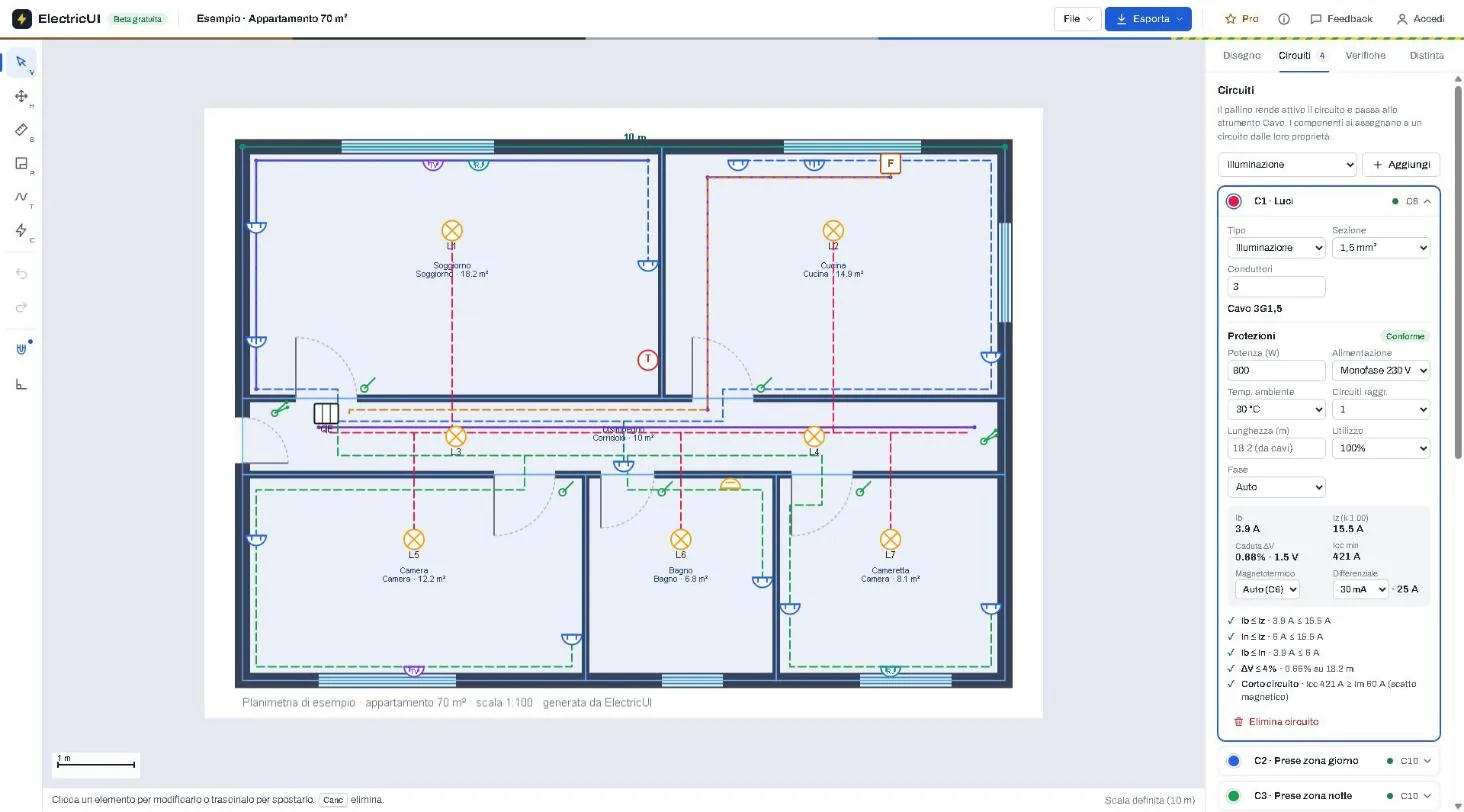 ElectricUI con il progetto di esempio: planimetria di un appartamento con punti luce, prese e cavi, e a destra il circuito delle luci con protezioni e verifiche superate
